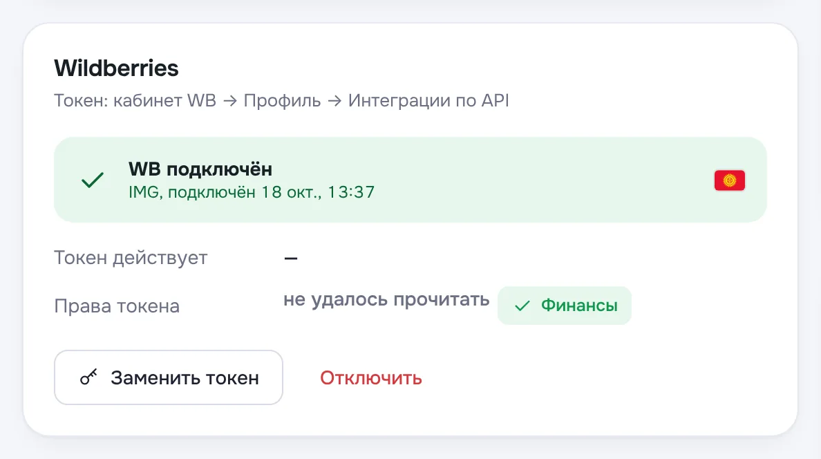 Подключённый токен WB и его права
